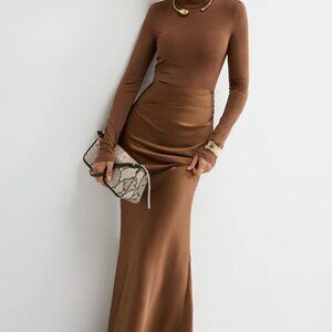 Satin Panel Mock Neck Long Sleeve Maxi Dress